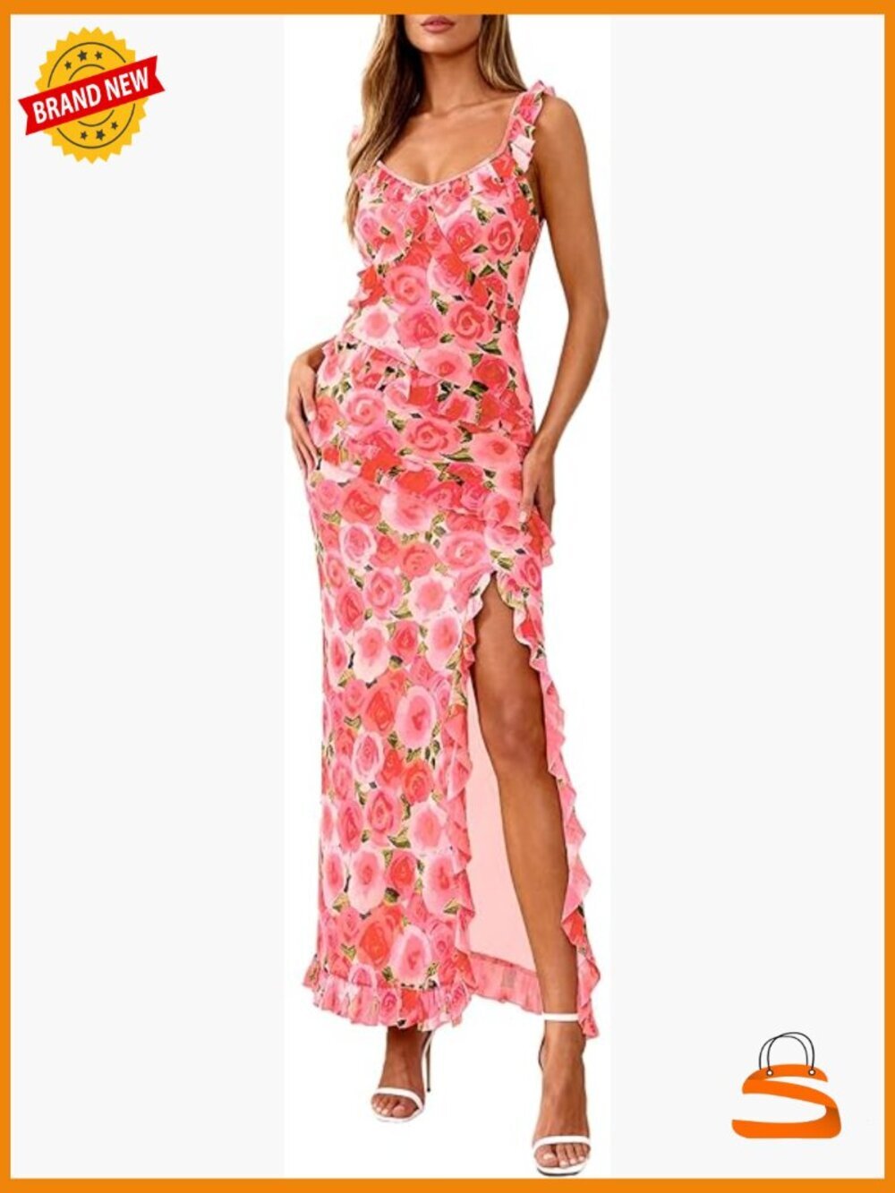 Sheer Mesh Ruffle Maxi Dress with Side Slit Sleeveless V-Neck Bodycon